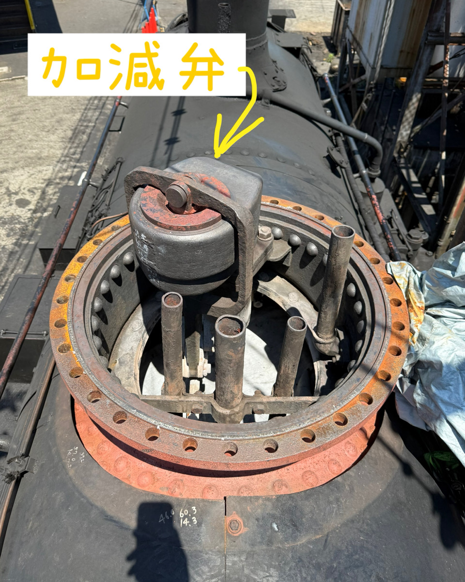 daitetsuSL's tweet photo. 【車両区の日常】
SL整備士の大杉です🧑‍🔧
本日はC108号機の検査の様子をお届けします！
～SL班編～
先日、真岡鐵道でSLやDLの検修を行っている整備士の方にお越しいただきました！👨‍🔧
SLの整備を行っている場所はいくつかありますが、その場所によってSLの形式、使っている部品の種類、整備方法や、困りごとなどが違います。実際に現場で整備している整備士同士でたくさん意見交換ができ、とても勉強になりました✍🏻
いろいろな規格が新しくなり、SLを整備するのがどんどん難しくなっています。そんな時代だからこそ、SLを保存している事業者同士が協力して、できるだけ多くのSLを残していきたいですね🫡

C108号機はボイラーの検査に向けて、蒸気ドームを取り外してボイラーの中を綺麗に掃除しています。
蒸気ドームの中に立っているパイプは、コンプレッサーやタービン、汽笛などへ蒸気を送る配管です！
真ん中にある丸い円盤に四角い枠のような物が付いているのが、加減弁と言って走る時にシリンダーへ蒸気を送る弁です🧐
ボイラーの中に物を落とすと救出できないので、作業する時はポケットの中などに落ちそうなものが入ってないか確認してから作業します😁