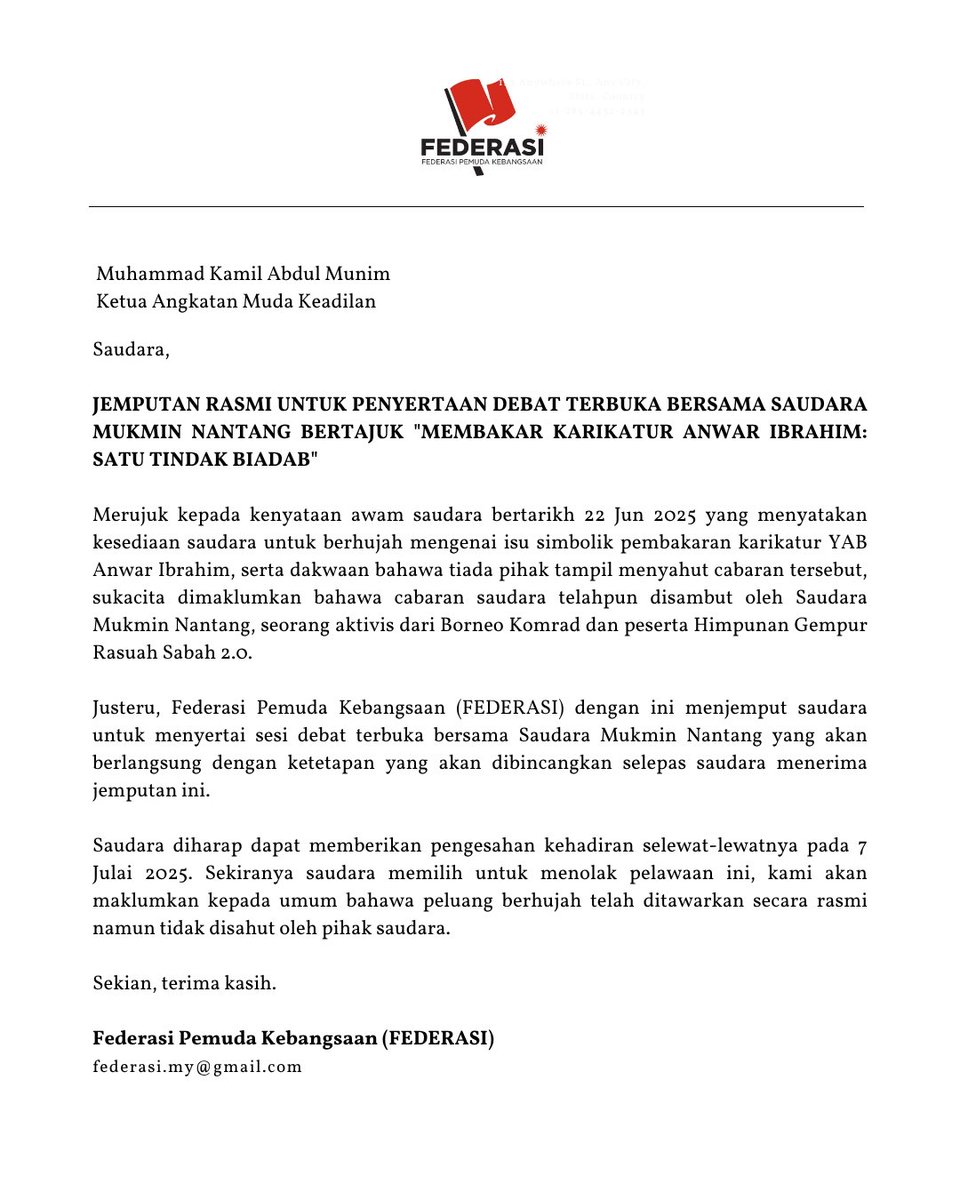 hamdinnordin's tweet photo. @federasi_my telah menghantar surat jemputan debat kepada @kamilmunim, Harap saudara kamil tidak kecut seperti budak-budak beg kepit dalam @AMKMalaysia.

Saudara yang menawarkan berhujah dahulu, jangan lari apabila kita sabut tawaran anda.

Jangan seperti budak kecil! https://t.co/2VlbA7fhUA