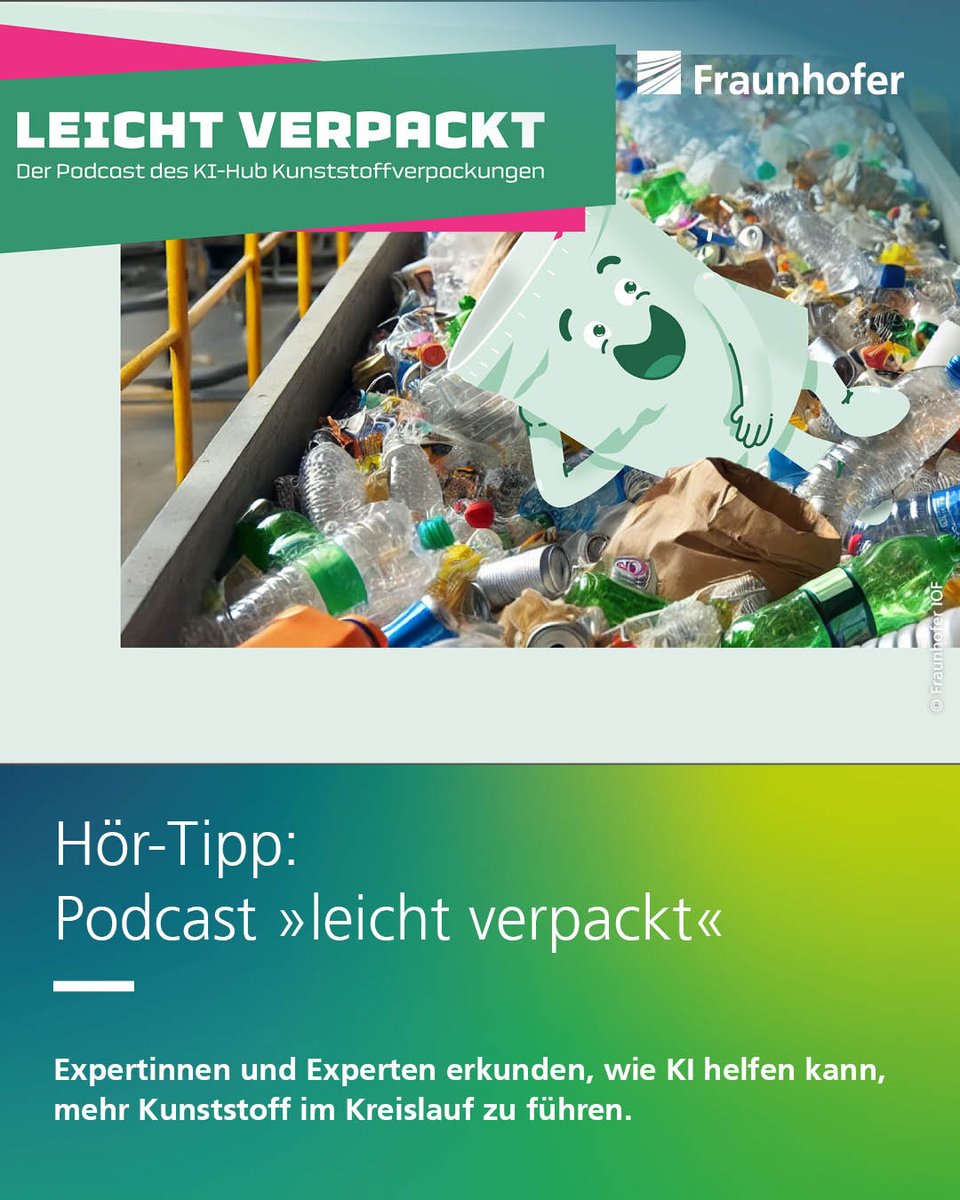 Fraunhofer's tweet image. ♻️ Hör-Tipp🎧 zum Kunststoff-#Recycling: Wie können wir mithilfe von #KI mehr Kunststoffe im Kreislauf erführen? Das erkunden u.a. Fraunhofer-Forschende im #Podcast »leicht verpackt«. Alle Folgen von »leicht verpackt«⛓️💥 s.fhg.de/sGXB #Kreislaufwirtschaft
