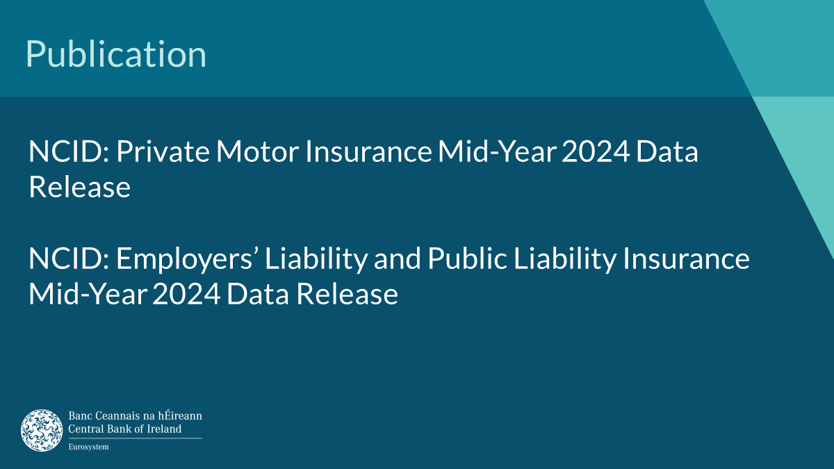 Today the Central Bank has published two National Claims Information Database (NCID) publications:

🚘 Private Motor Insurance Mid-Year 2024 Data Release

📑 Employers’ Liability and Public Liability Insurance Mid-Year 2024 Data Release

Read in full here centralbank.ie/statistics/dat…