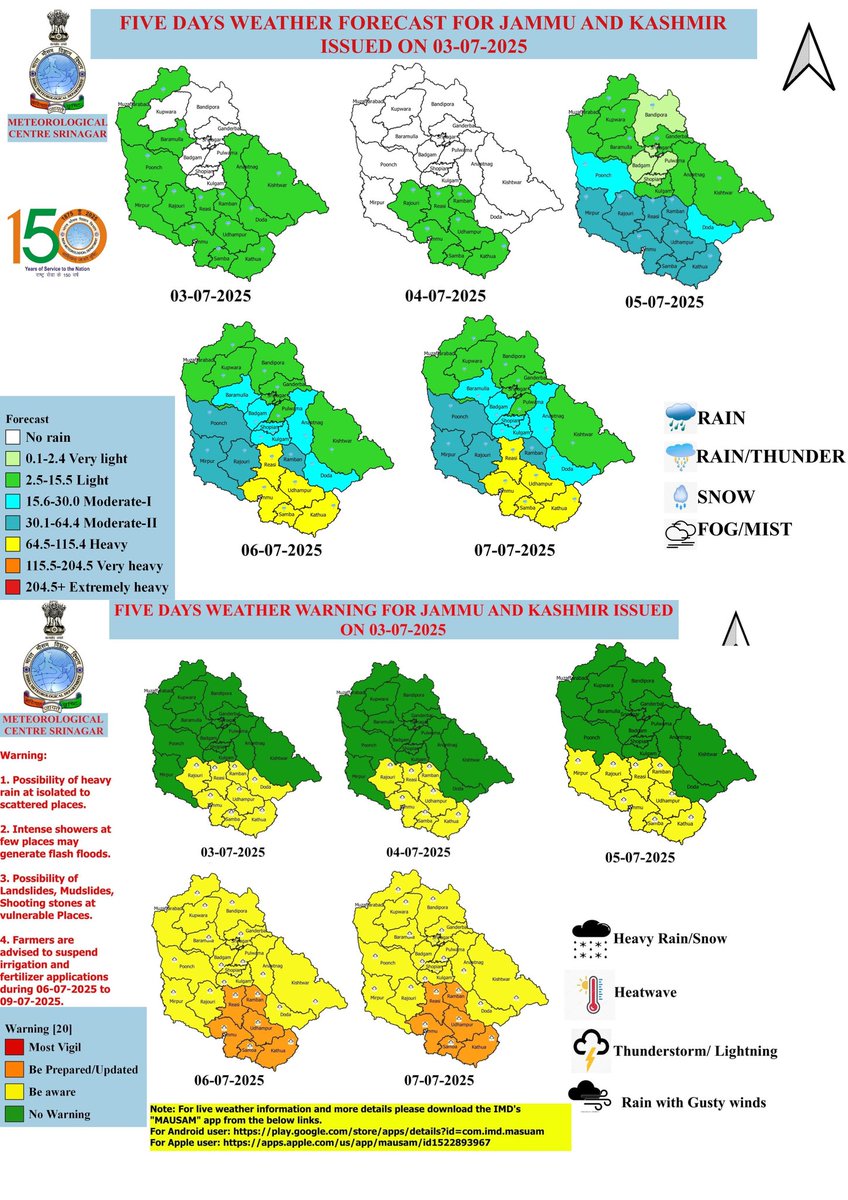 𝙒𝙚𝙖𝙩𝙝𝙚𝙧 𝙐𝙥𝙙𝙖𝙩𝙚 𝙅&amp;𝙆:3July
𝙁𝙤𝙧𝙚𝙘𝙖𝙨𝙩
●3-5 July:Hot &amp; humid weather with brief showers.
●6-8 July:Intermittent light to moderate Rain/thunder at many places with intense showers/heavy Rain at few places.
●9-10:Possibility of  Rain/shower at scattered places.