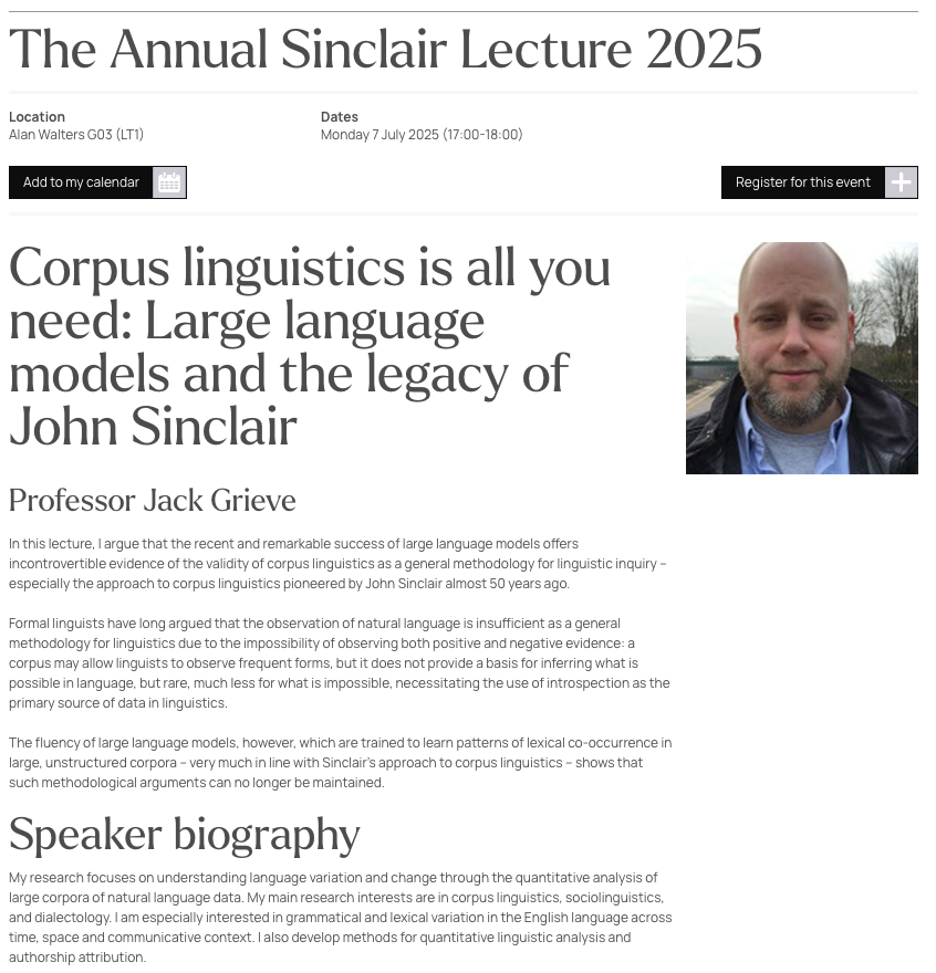 Akira Murakami (@mrkm_a) on Twitter photo The Sinclair Lecture by <a href="/JWGrieve/">Jack Grieve</a>, mentioned by <a href="/antlabjp/">Laurence Anthony</a> in his plenary speech yesterday, will be held next Monday at 5pm at the University of Birmingham and will also be live-streamed. For details and registration, visit: birmingham.ac.uk/schools/edacs/… #CL2025 The Sinclair Lecture by <a href="/JWGrieve/">Jack Grieve</a>, mentioned by <a href="/antlabjp/">Laurence Anthony</a> in his plenary speech yesterday, will be held next Monday at 5pm at the University of Birmingham and will also be live-streamed. For details and registration, visit: birmingham.ac.uk/schools/edacs/… #CL2025