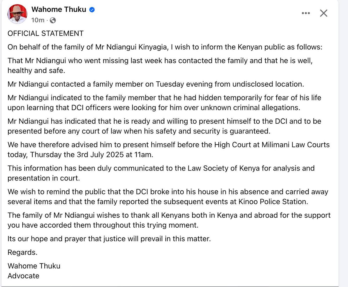 Breaking news, meet the first person to Abduct himself 🤣 kutetea Gen - Z ningumu👇🏽
Blogger Ndiang’ui Kinyagia, who was reported missing on June 21, 2025, has contacted his family and confirmed that he is alive and safe. The update was given by the family’s lawyer, Wahome Thuku.