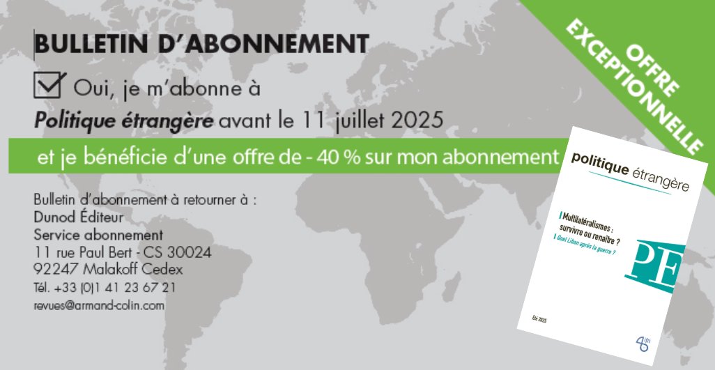 Politique étrangère (@pol_etrangere) on Twitter photo 🎁🌞RAPPEL OFFRE ÉTÉ🌞🎁
Jusqu'au 11 juillet, abonnez-vous à <a href="/Pol_Etrangere/">Politique étrangère</a> 📖et bénéficiez de -40 % sur votre abonnement annuel 2025 (soit 51 euros seulement les 4 numéros😍)
❗️Une offre exceptionnelle à ne pas manquer❗️
✍️Contactez <a href="/dunod_editeur/">Dunod, Armand Colin, InterEditions et Maxima</a> ➡️revues@armand-colin.com 🎁🌞RAPPEL OFFRE ÉTÉ🌞🎁
Jusqu'au 11 juillet, abonnez-vous à <a href="/Pol_Etrangere/">Politique étrangère</a> 📖et bénéficiez de -40 % sur votre abonnement annuel 2025 (soit 51 euros seulement les 4 numéros😍)
❗️Une offre exceptionnelle à ne pas manquer❗️
✍️Contactez <a href="/dunod_editeur/">Dunod, Armand Colin, InterEditions et Maxima</a> ➡️revues@armand-colin.com