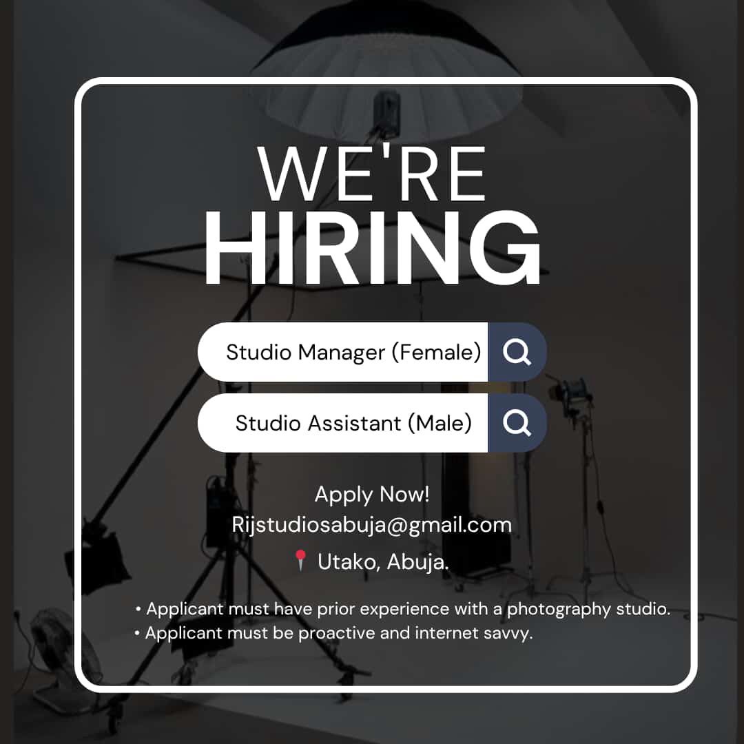 job_openings_ng's tweet image. We’re hiring in Abuja!
📍 Location: Utako
Open roles:
 • Studio Manager (Female)
 • Studio Assistant (Male)

📧 Apply: rijstudiosabuja@gmail.com
Experience in photography studio required.

#AbujaJobs #StudioJobs #WeAreHiring #PhotographyJobs
