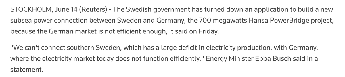 Sweden refused a new interconnector to Germany because of Germany's single national electricity price (similar to the UK's)

reuters.com/business/energ…
