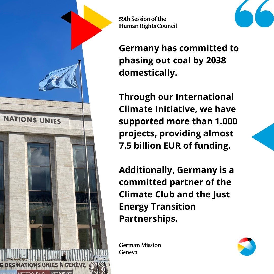 Human rights are at the core of our climate cooperation. 🌍

At #HRC59, we underlined: phasing out fossil fuels is essential for a just, carbon-neutral transition. Germany takes action domestically &amp; internationally, guided by a human rights-based approach.