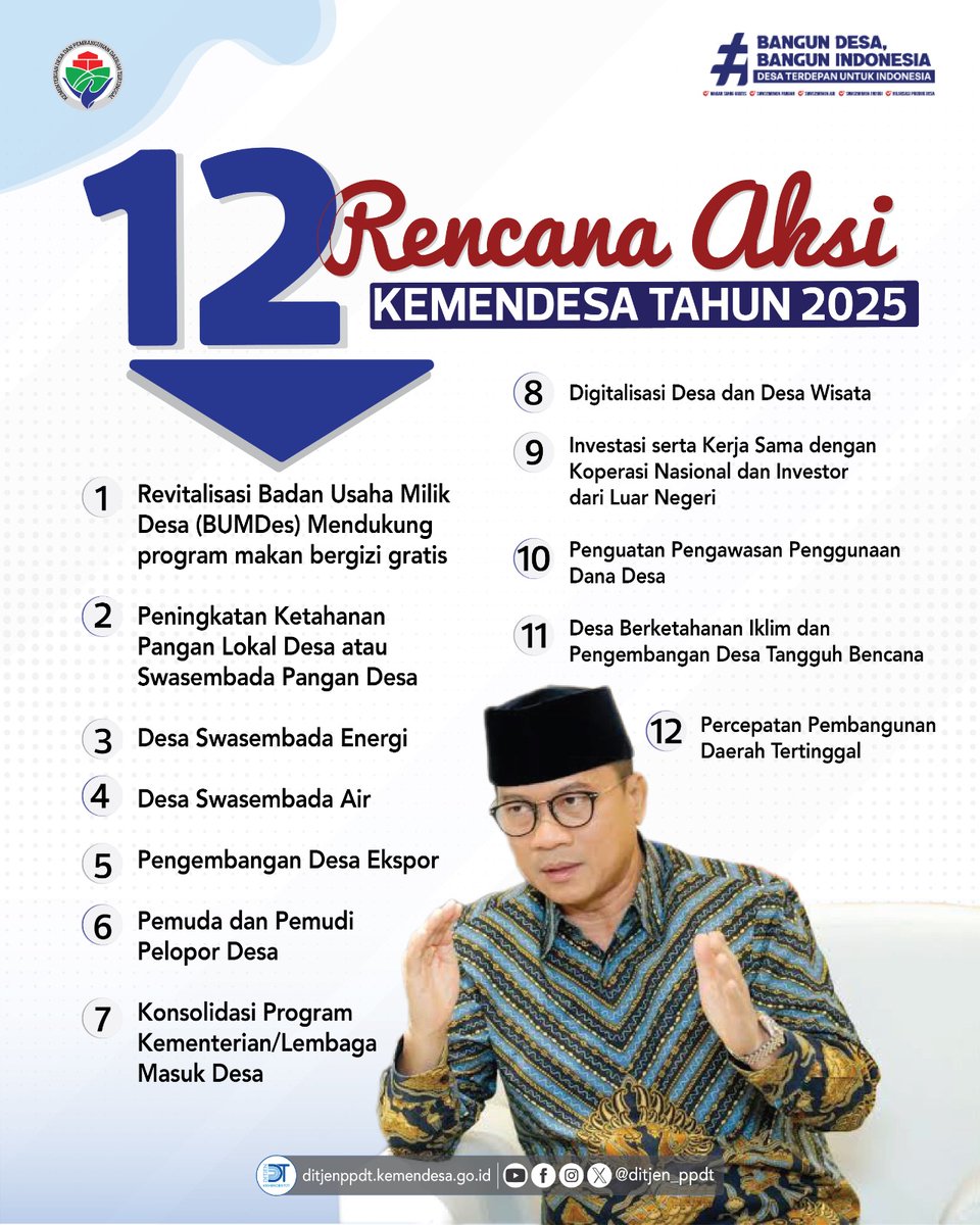 Ditjen_PPDT's tweet photo. Demi mewujudkan desa yang mandiri, tangguh, dan sejahtera, Kementerian Desa PDT menghadirkan 12 langkah strategis di tahun 2025!

Mulai dari revitalisasi BUMDes, penguatan ketahanan pangan dan energi desa, hingga percepatan pembangunan daerah tertinggal. https://t.co/C9JIPMIvdA