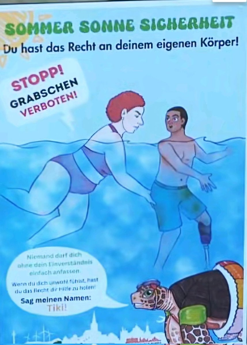 Keine Satire: Dieses Plakat soll in einer NRW-Gemeinde vor sexuellen Übergriffen in Schwimmbädern warnen. Eine weisse Frau begrabscht darauf einen behinderten Schwarzen. Besser kann man gar nicht demonstrieren, wie Politiker, Behörden und Medien die Realität verzerren, wenn diese