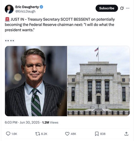 crypt0o_manran's tweet image. My money is on Bessent replacing Powell!