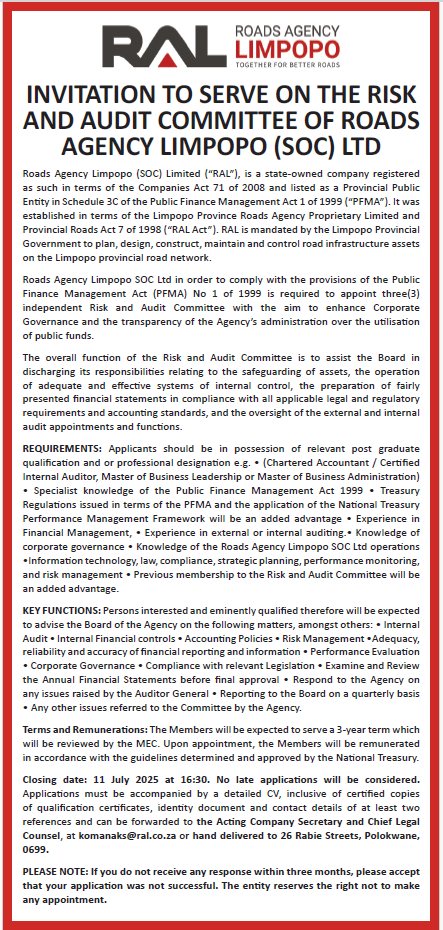 𝐈𝐍𝐕𝐈𝐓𝐀𝐓𝐈𝐎𝐍 𝐓𝐎 𝐒𝐄𝐑𝐕𝐄 𝐎𝐍 𝐓𝐇𝐄 𝐑𝐈𝐒𝐊 𝐀𝐍𝐃 𝐀𝐔𝐃𝐈𝐓 𝐂𝐎𝐌𝐌𝐈𝐓𝐓𝐄𝐄 𝐎𝐅 𝐑𝐎𝐀𝐃𝐒 𝐀𝐆𝐄𝐍𝐂𝐘 𝐋𝐈𝐌𝐏𝐎𝐏𝐎 (𝐒𝐎𝐂) 𝐋𝐓𝐃