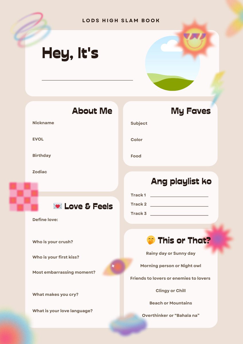 Syempre, hindi makukumpleto ang high school experience natin kung walang slambook! Paikot niyo nalang ha, guys? Pati dun sa teacher sa harap 😆

Malakas ba loob mo? Sige nga, share mo na yan with #LODSHighSlambook 🤭

#LODSHighSchool

template: tinyurl.com/lodsslambook
