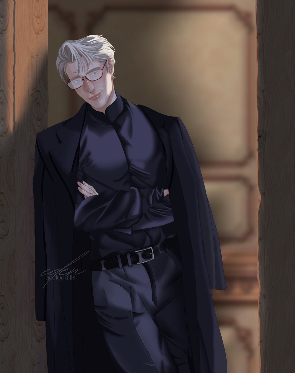 Professor Draco overseeing detention. He served someone a detention because of her bratty attitude during potions class. 🤭

He has gray here so an older one. 🥵 Though it doesn’t show. Also I forgot I am an artist acc and not a yapper of dramione acc. Sorry. 
#DracoMalfoy