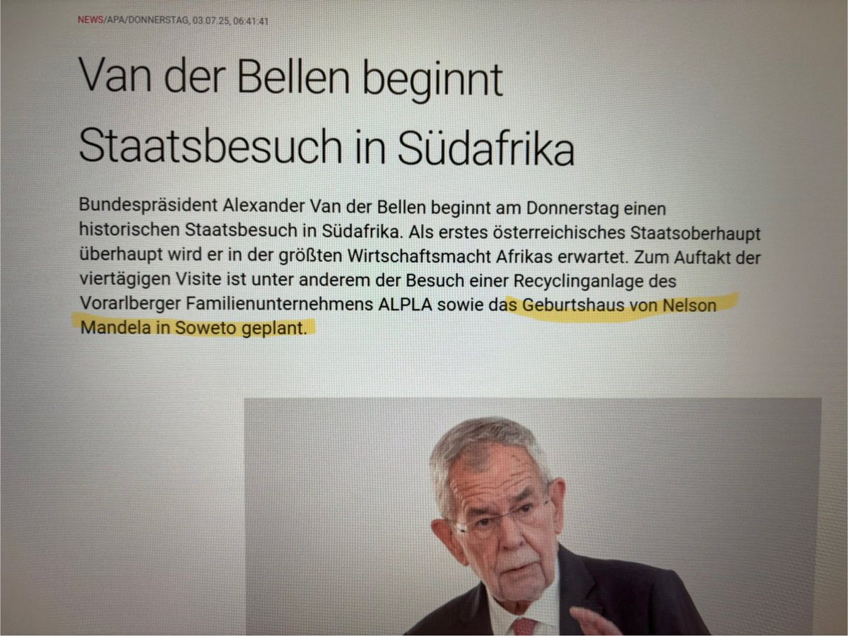 Armin Hübner 🇦🇹 (@armin_huebner) on Twitter photo Wie manche wissen, bin ich ein bisschen neidisch, dass ich nicht in Südafrika 🇿🇦 bin. Umso gespannter bin ich, wie <a href="/vanderbellen/">Alexander Van der Bellen</a> das Geburtshaus von Madiba in Soweto besuchen will – geboren wurde er ja bekanntlich in Mvezo (damals Transkei). Wie manche wissen, bin ich ein bisschen neidisch, dass ich nicht in Südafrika 🇿🇦 bin. Umso gespannter bin ich, wie <a href="/vanderbellen/">Alexander Van der Bellen</a> das Geburtshaus von Madiba in Soweto besuchen will – geboren wurde er ja bekanntlich in Mvezo (damals Transkei).