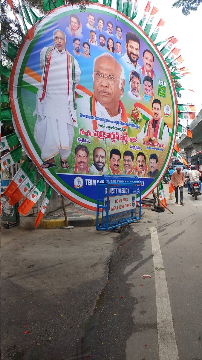 From MJ Market till Assembly, main road and footpath encroached by political hoardings of INC &amp; BJP. Small flag sticks dangerously protruding.
Kindly remove them urgently.
Date 3/7/25; 11:00am; Gandhi Bhavan 
<a href="/GHMCOnline/">GHMC</a> <a href="/CEC_EVDM/">Central Enforcement Cell, GHMC</a>