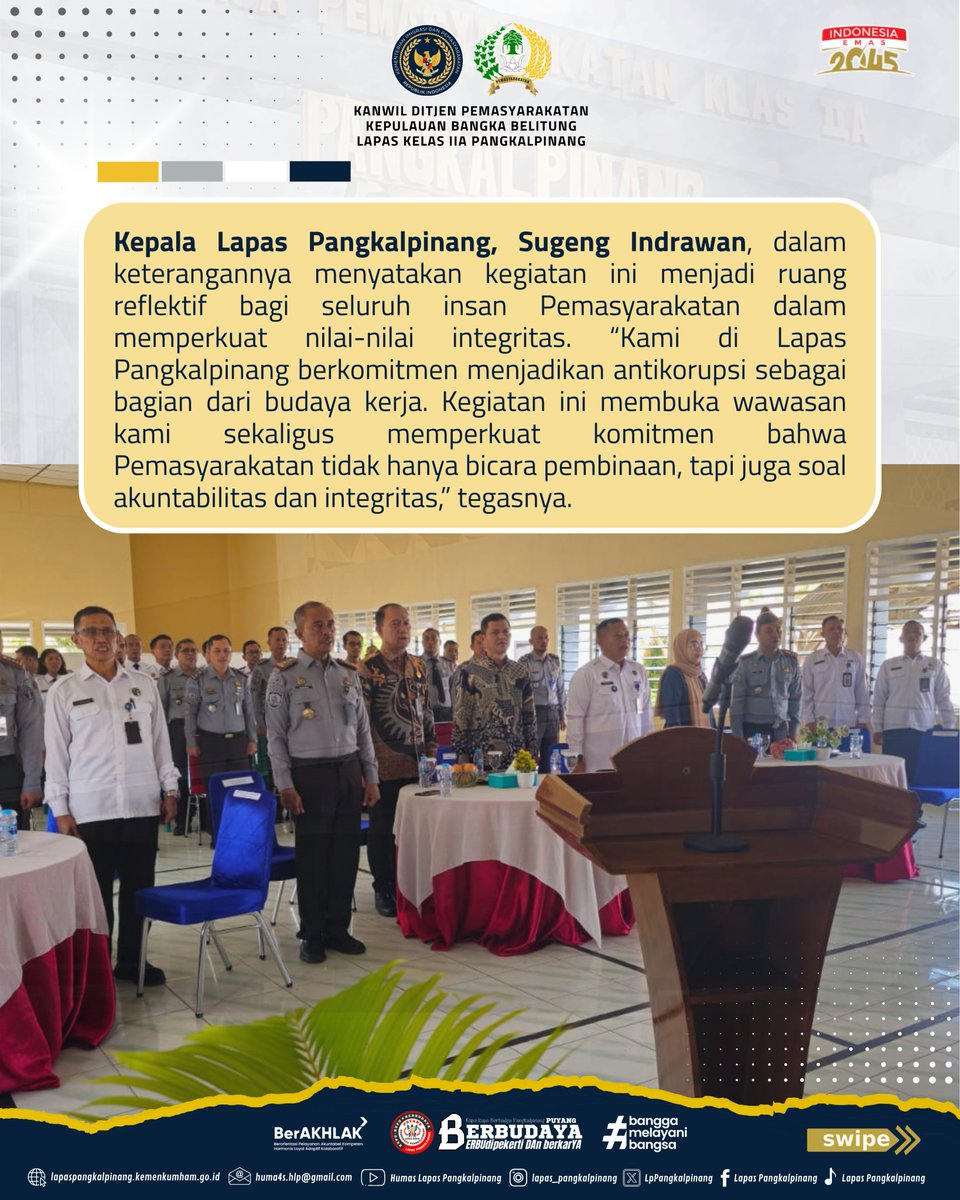 LpPangkalpinang's tweet photo. Kanwil Ditjenpas Babel Gelar Penyuluhan Gerakan Anti Korupsi di Lapas Pangkalpinang: Wujudkan Pemasyarakatan Berdampak
#kemenimipas
#guardandguide
#ditjenpas
#kanwilditjenpasbabel
#hermansawiran
#LapasPangkalpinangBerbudaya
#SugengIndrawan https://t.co/BlUhUp9FAL