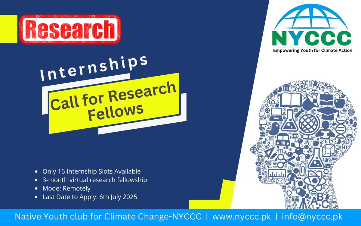 NYCCC Pakistan (@nyccc_pk) on Twitter photo 𝐍𝐘𝐂𝐂𝐂 𝐑𝐞𝐬𝐞𝐚𝐫𝐜𝐡 𝐅𝐞𝐥𝐥𝐨𝐰 𝐈𝐧𝐭𝐞𝐫𝐧𝐬𝐡𝐢𝐩 𝟐𝟎𝟐𝟓
Are you a young researcher passionate about climate change, environmental issues, or sustainability?
📧 Apply Now: lnkd.in/diAgy5DE
🕓 Last date to apply: 10 July 2025
<a href="/ClimateChangePK/">Ministry of Climate Change, Pakistan</a> <a href="/DrMusadikMalik/">Dr. Musadik Malik</a> 𝐍𝐘𝐂𝐂𝐂 𝐑𝐞𝐬𝐞𝐚𝐫𝐜𝐡 𝐅𝐞𝐥𝐥𝐨𝐰 𝐈𝐧𝐭𝐞𝐫𝐧𝐬𝐡𝐢𝐩 𝟐𝟎𝟐𝟓
Are you a young researcher passionate about climate change, environmental issues, or sustainability?
📧 Apply Now: lnkd.in/diAgy5DE
🕓 Last date to apply: 10 July 2025
<a href="/ClimateChangePK/">Ministry of Climate Change, Pakistan</a> <a href="/DrMusadikMalik/">Dr. Musadik Malik</a>