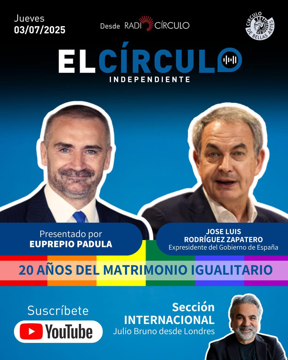 elcirculoin's tweet image. Semana muy especial en #ElCirculoIndependiente con invitados excepcionales:

➡️ JUEVES: Celebramos los 20 años del #matrimonioigualitario con José Luis Rodríguez Zapatero, expresidente del Gobierno de España.

youtube.com/@elcirculoinde…