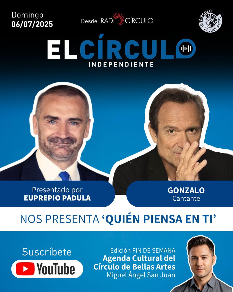 elcirculoin's tweet photo. ➡️ DOMINGO: El #cantante Gonzalo nos presenta “Quién piensa en ti”.
Presentado por @EuprepioPadula desde @cbamadrid
A las 11:00, programa en #audio en plataformas y #RadioCirculo y a las 15:00, en #video en exclusiva en nuestro canal de #youtube.
https://t.co/gFmQLk95wH https://t.co/h6u488Sil7