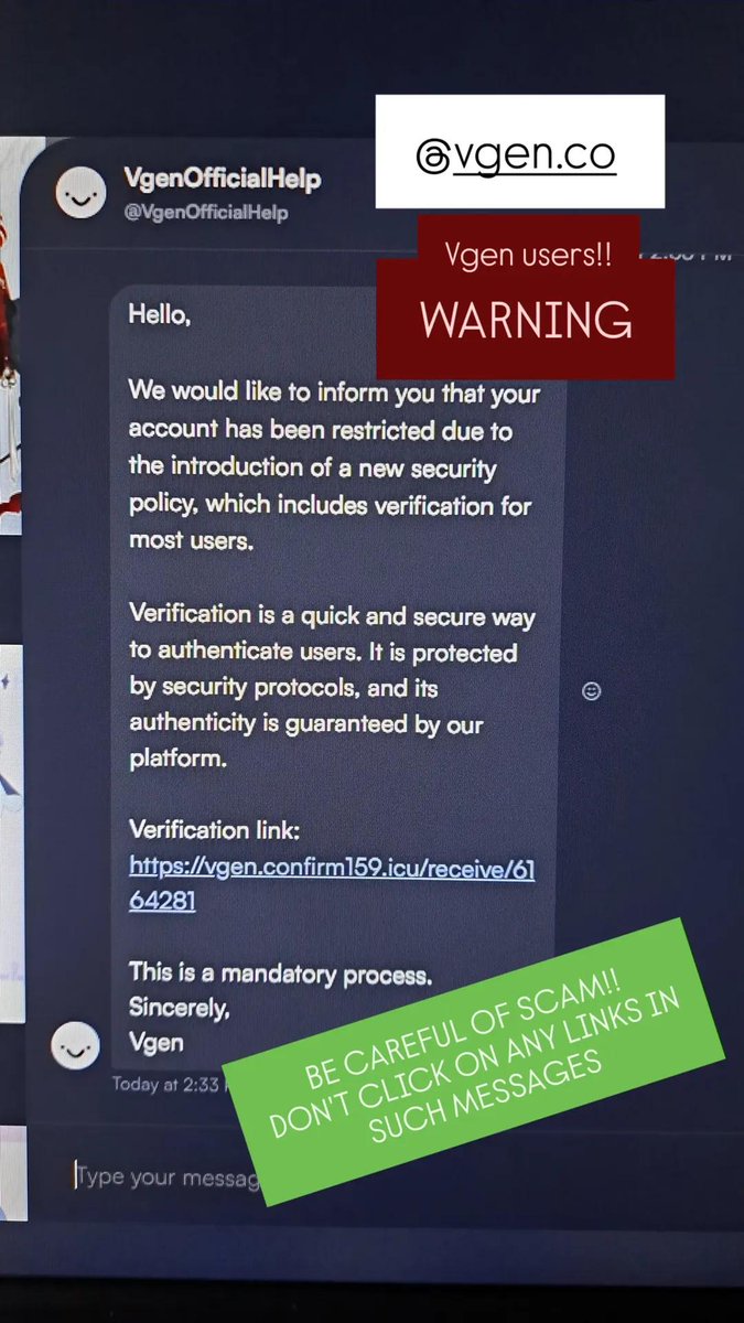 amarisuart's tweet image. Guys this is 3 messages in one day already..
Please be careful, there's scammers impersonating as @_VGen_ staff
DO NOT click on any links they send you! ❌️
Pls share so people can see!
#vgen #vgencomm
