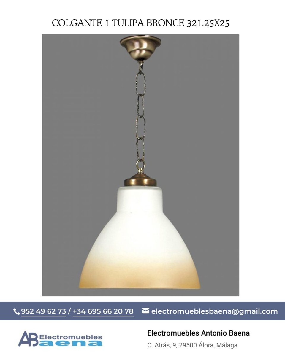 BaenaAntonio's tweet image. ✨ Elegancia que ilumina ✨
Descubrí nuestra lámpara colgante con tulipa en bronce 
☎ Puede contactar sin compromiso y consultar existencias al 952496273
#Alora #MueblesConEstilo #DiseñoCompacto #Organización #HogarOrdenado #decoraciónmoderna
