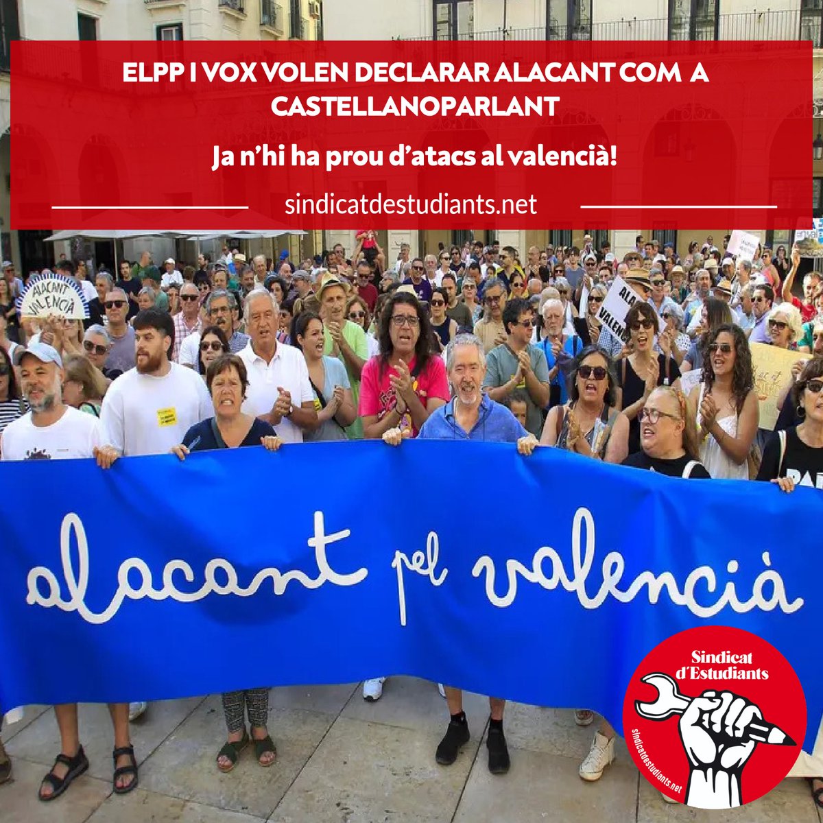 Sindic_Estud_PV's tweet image. 🔴✍️Aquest 26 de juny l'ajuntament d'Alacant començava el dia amb centenars de manifestants defensant la nostra llengua enfront de la proposta del PP i Vox de declarar la ciutat castellanoparlant.
Llig-ho complet en la nostra web👇🏽
sindicatdestudiants.net