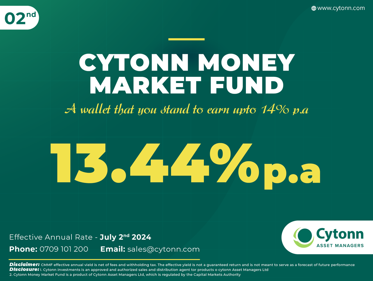 CytonnInvest's tweet image. Cytonn Money Market Fund posted an Effective Annual Rate of 13.44% as of 2nd July, 2025.
Invest, withdraw, and redeem to pay bills instantly 24/7, by just dialing *809# or sign up at clients.cytonn.com/apply/investme…
Cytonn Wallet ,a wallet that you stand to earn high returns of up to 14%…