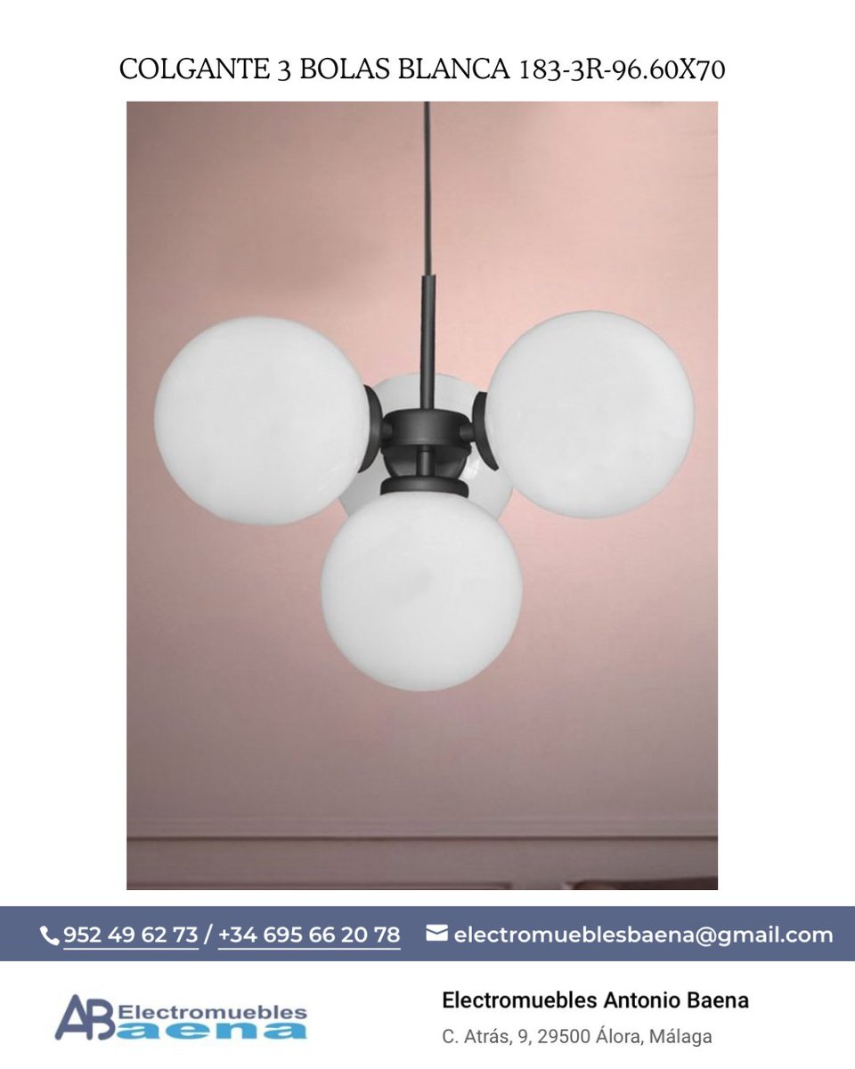 BaenaAntonio's tweet image. 💡 Diseño que flota en el aire
La lámpara colgante 3 Bolas Blanca (183-3R) combina estilo moderno y luminosidad suave.

☎ Puede contactar sin compromiso y consultar existencias al 952496273
#Alora #MueblesConEstilo #DiseñoCompacto #Organización #HogarOrdenado #decoraciónmoderna