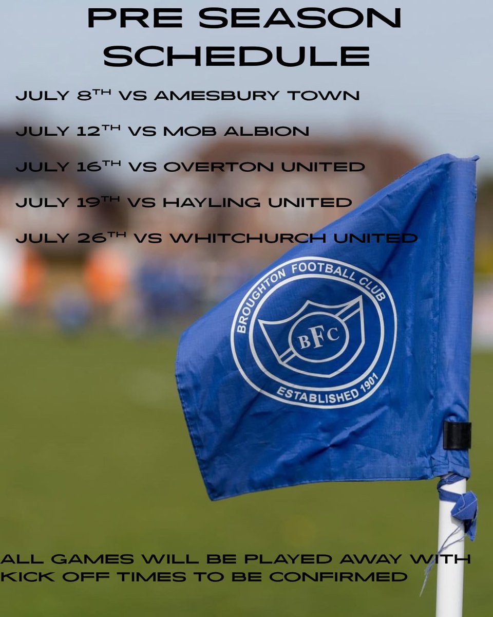 Pre season Schedule has been locked in for our 1st team, with 1 or 2 still to be confirmed.

Looking forward to testing ourselves against <a href="/AmesburyFc/">Amesbury Town FC</a>, <a href="/fc_mob/">Mob Albion FC</a> <a href="/overtonunited/">Overton United FC</a>, <a href="/HaylingUnited/">Hayling United</a> and <a href="/Whitchurchutd/">Whitchurch United FC</a>