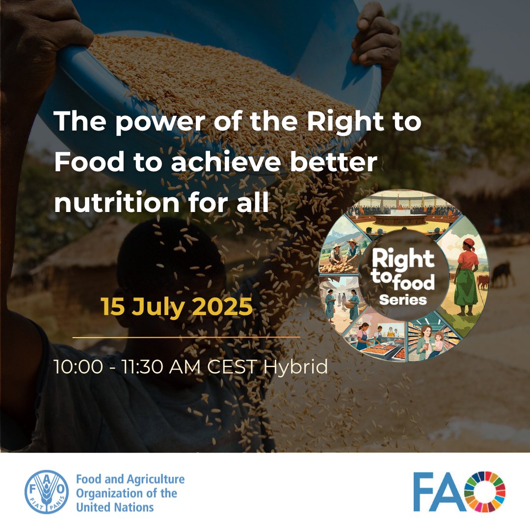 FAOGeneva (@faogeneva) on Twitter photo 📢 <a href="/FAOGeneva/">FAOGeneva</a> & <a href="/FAO/">Food and Agriculture Organization</a> Right to Food Team invites you to a hybrid briefing session on “The power of the Right to Food to achieve better nutrition for all.”
Join to explore the transformative potential of the Right to Food.
📅 15 July | 10 am CEST
➡️ bit.ly/40gynHU 📢 <a href="/FAOGeneva/">FAOGeneva</a> & <a href="/FAO/">Food and Agriculture Organization</a> Right to Food Team invites you to a hybrid briefing session on “The power of the Right to Food to achieve better nutrition for all.”
Join to explore the transformative potential of the Right to Food.
📅 15 July | 10 am CEST
➡️ bit.ly/40gynHU