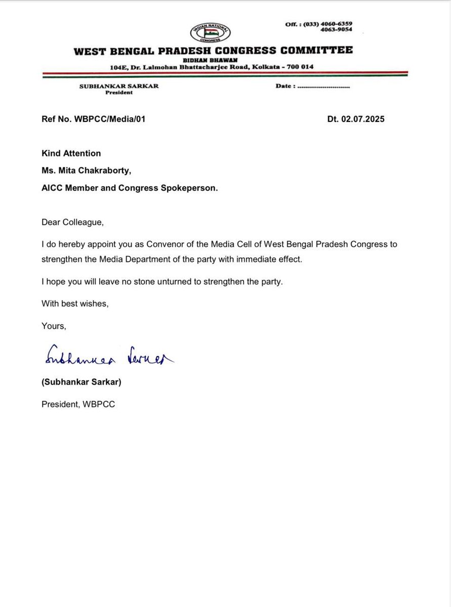 I am deeply grateful to WBPCC President, Shri Subhankar Sarkar, for appointing me as Convenor of the WBPCC Media Cell. I am thrilled to work collaboratively with an exceptionally talented team and propel our media narrative forward in Bengal's highly polarised political