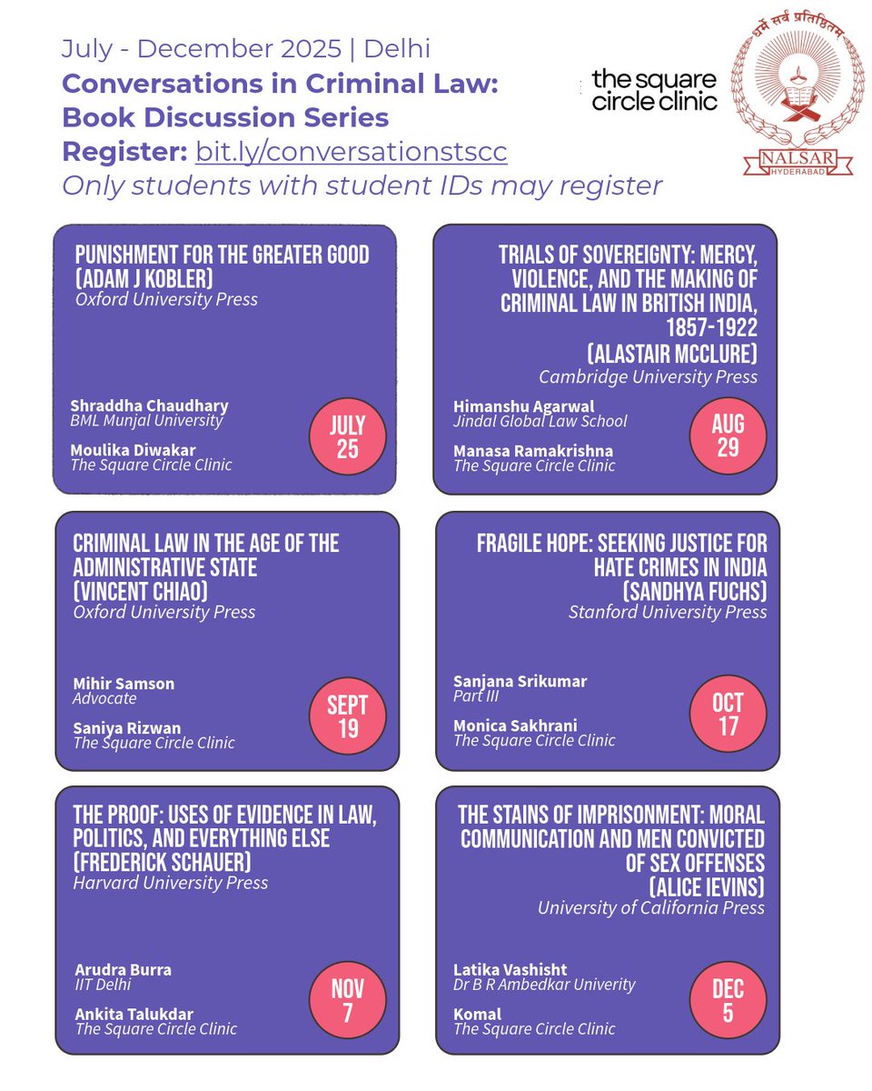 We are convening 'Conversations in Criminal Law', a discussion series on books offering nuanced perspectives &amp; theoretical frameworks in the field of criminal law. Join scholars/practitioners of criminal law and engage with insightful texts.

Register: bit.ly/conversationst…