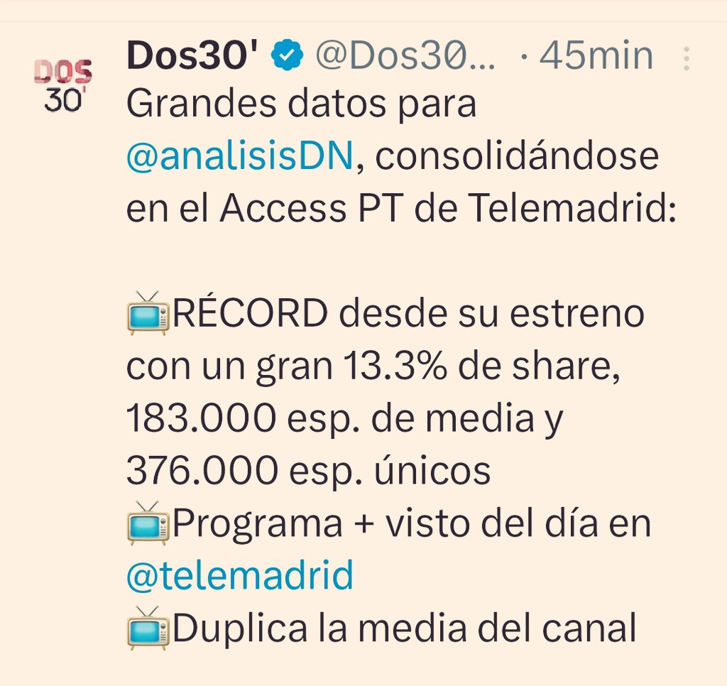 Antonio Naranjo (@antoniornaranjo) on Twitter photo 📺 Anoche el <a href="/analisisDN/">El análisis: Diario de la Noche</a> tuvo una audiencia histórica. Es un éxito de <a href="/telemadrid/">Telemadrid</a>, de la información decente, del análisis riguroso y de los espectadores cansados de otros discursos. Muchas gracias, es un honor y una responsabilidad para este equipo. Esta noche nos vemos. 📺 Anoche el <a href="/analisisDN/">El análisis: Diario de la Noche</a> tuvo una audiencia histórica. Es un éxito de <a href="/telemadrid/">Telemadrid</a>, de la información decente, del análisis riguroso y de los espectadores cansados de otros discursos. Muchas gracias, es un honor y una responsabilidad para este equipo. Esta noche nos vemos.