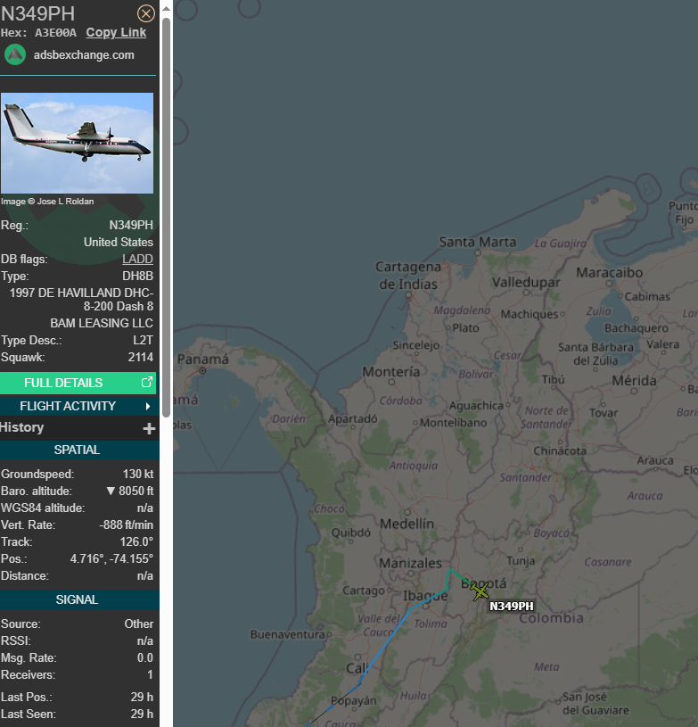 lecrayon11's tweet photo. AirTec Dash-8 spotted arriving at BOG yesterday. While not new in the region, (AirTec boasts of 10+ years experience in SOUTHCOM AOR) it's rare to see these pop up on ADS-B.

#A3E00A / 486 / #N349PH https://t.co/DWudjSMLXI