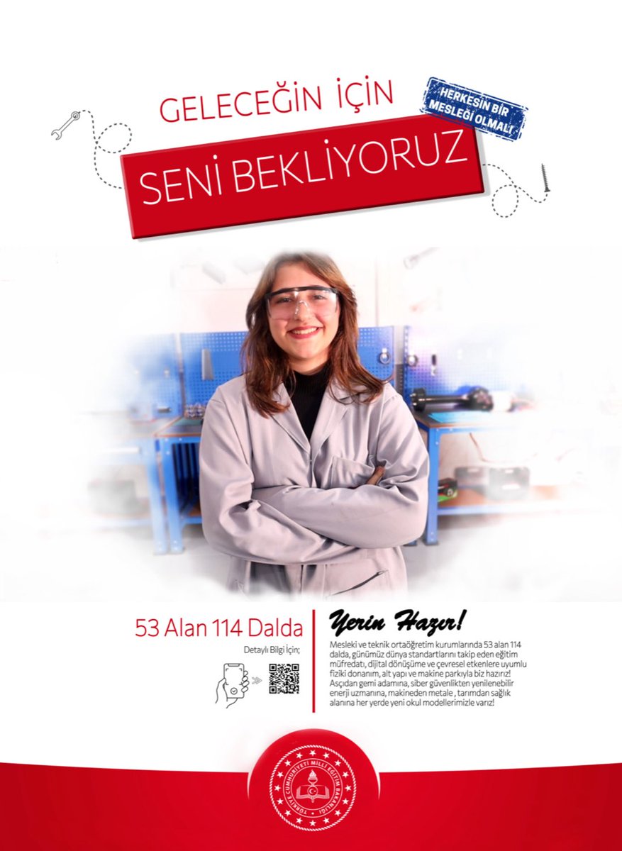 📌 Üreterek Geleceği İnşa Ediyoruz.

✨ Aşçıdan Gemi Adamına, Siber Güvenlikten Yenilenebilir Enerji Uzmanına, Makineden Metale, Tarımdan Sağlık Alanına 53 Alan 114 Dalda… 

#YerinHazır
#SeniBekliyoruz
#HerkesinBirMesleğiOlmalı
