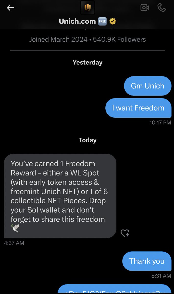I just earned one Freedom Reward from <a href="/unich_com/">Unich.com 🆓</a> 
All you need to do is send them a dm asking for freedom and you are good to go 

Thank you <a href="/unich_com/">Unich.com 🆓</a>