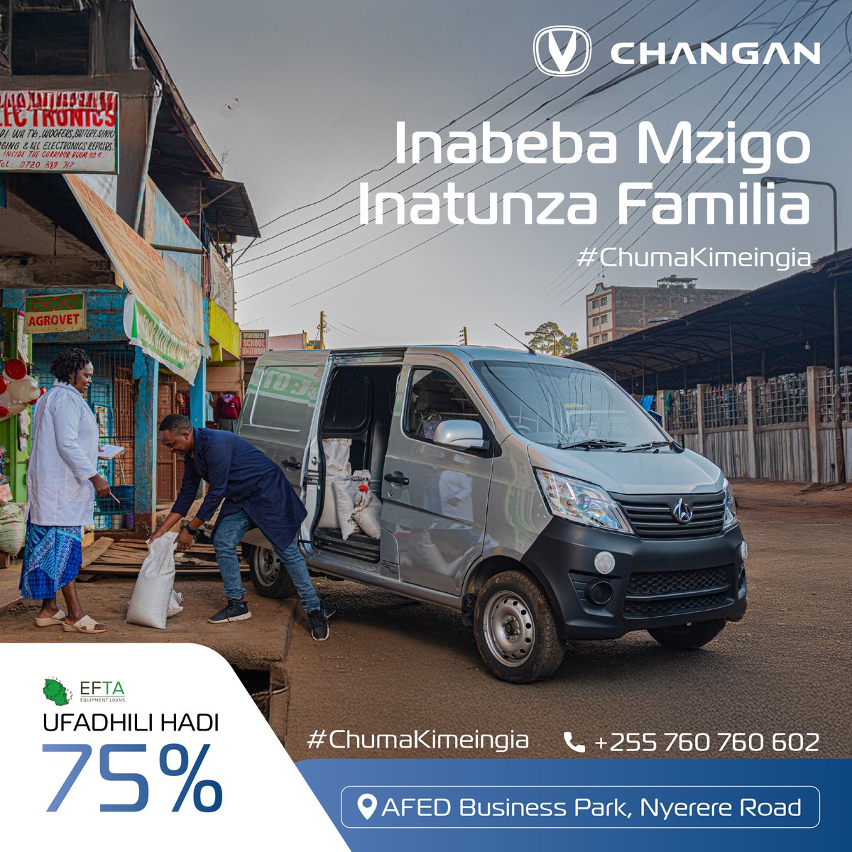 Changan_TZ's tweet photo. Minivan ya Changan ni mshirika wa kweli – inabeba mizigo na nafasi ya kutosha kwa dereva na Kondacta wake.

Kupitia EFTA, unaweza kumiliki kwa urahisi kwa 75% financing – jengabiashara yako.

Piga simu +255 760 760 602 kwa maelezo zaidi.

#ChumaKimeingia #ChanganMinivan https://t.co/llUxzcFh52