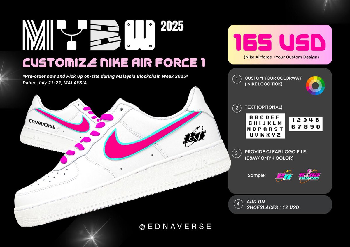 The drip goes live.🇲🇾
is bringing back the custom AF1 drop - limited to 50 pairs only！

Your logo, your colorway, your identity — reimagined for the courts and the halls.
Pick up on-site this July 21-22

Per-Order yours now: forms.gle/3aMJDia7AeqxVv…

#malaysiablockchainweek