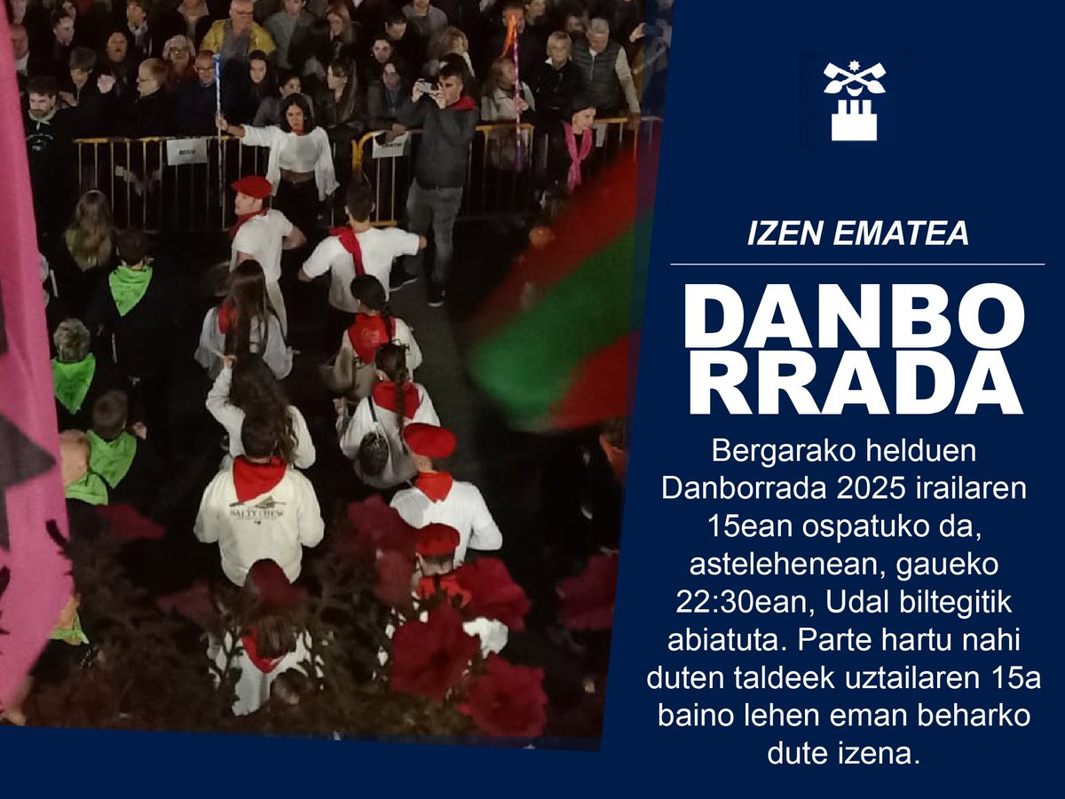 🥁 Bergarako helduen Danborrada 2025 irailaren 15ean ospatuko da, astelehenean, gaueko 22:30ean, Udal biltegitik abiatuta. Parte hartu nahi duten taldeek uztailaren 15a baino lehen eman beharko dute izena.

🔗 Izen ematea: forms.gle/pjstrtYpG7rP6F…

#Bergara #IzanBiziEkin
