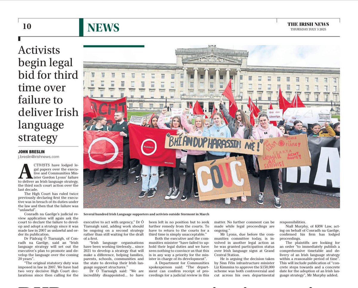 KRWLaw's tweet image. Conrwdh na Gaeilge: Irish language strategy JR
We confirm that we have lodged proceedings for what will be a third judicial review of the failure by the Executive and the Minister to bring forward and implement concrete proposals for implementation of an Irish language strategy