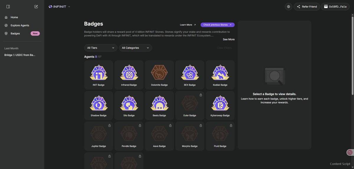 上个月跟着 <a href="/JiamigouCn/">加密狗🔆</a> 狗哥撸了 <a href="/Infinit_Labs/">INFINIT</a>，没想到今天居然上了 <a href="/KaitoAI/">Kaito AI 🌊</a>！🐶🚀

虽然徽章没全撸完，但也拿到了 9 个，还算没错过😉

刚刚看了一下，他们还有个签到活动，感兴趣的可以冲一下。

INFINIT  是个 DeFi 抽象层协议，目标是消除启动和扩展 DeFi 的各种摩擦。