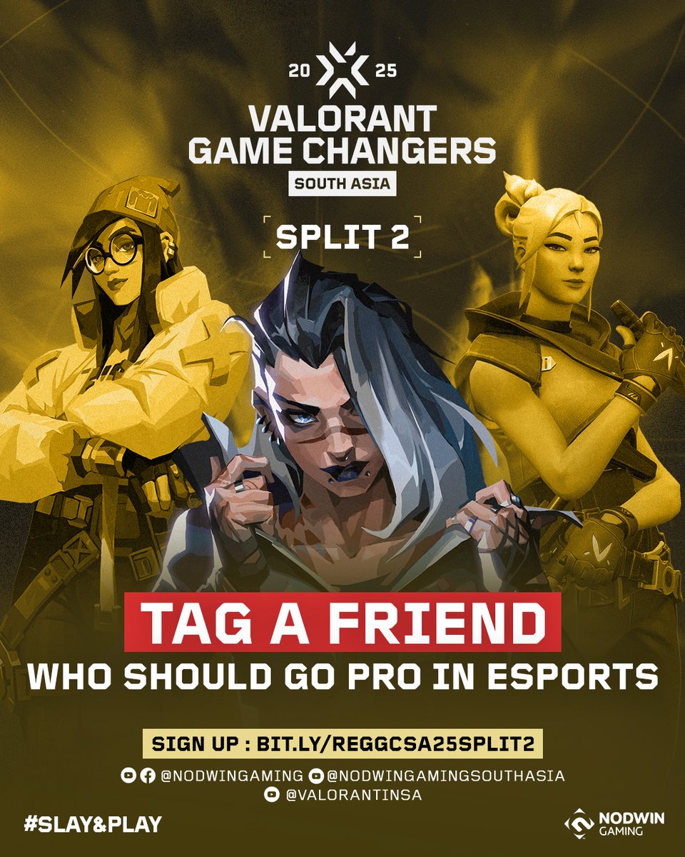 We all have that one female friend who’s made to Slay &amp; Play. Tag that queen now!👑 

📝 Register now for Split 2: bit.ly/reggcsa25split2

📺YT | FB - NODWIN Gaming
📺YT - NODWIN Gaming South Asia
📺YT - Valorant Esports South Asia

#GCSA #Slay&amp;Play #VCT #VCTGameChangers