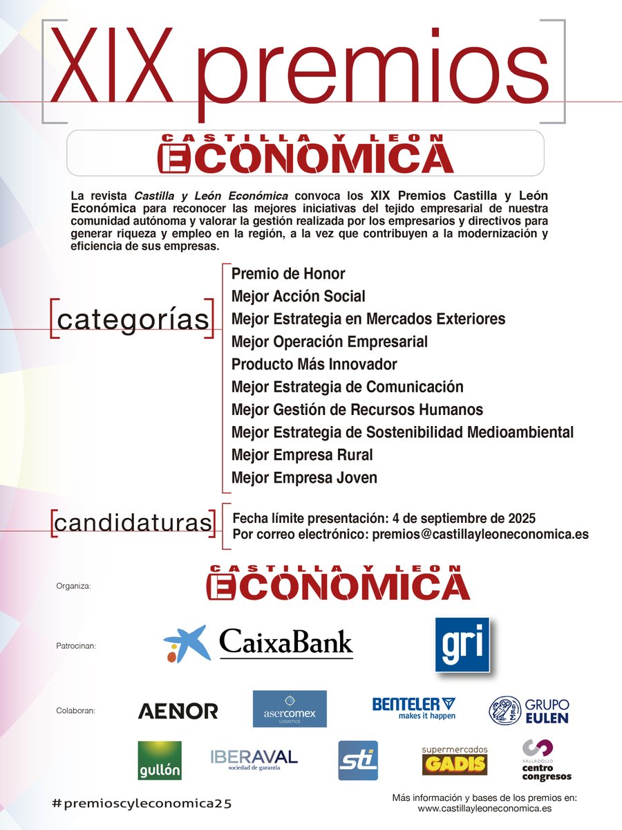 Alberto Cagigas (@acagigasperez) on Twitter photo Convocados los #premioscyleconomica25 para distinguir a las mejores #empresas ow.ly/TZG750Wkbin <a href="/caixabank/">CaixaBank</a> <a href="/CuarteroGerardo/">Gerardo Cuartero</a> <a href="/GRIrecolocacion/">GRI_Recolocación</a> <a href="/AENOR/">AENOR</a> <a href="/asercomexLCI/">ASERCOMEX LOGISTICS</a> #Benteler #GrupoEulen <a href="/Gullon_esp/">Gullón</a> <a href="/IBERAVAL/">IBERAVAL, SGR</a> <a href="/PedroPisonero/">Pedro Pisonero</a> <a href="/gadis/">Gadis</a> <a href="/feriavalladolid/">Feria de Valladolid</a> #STI Convocados los #premioscyleconomica25 para distinguir a las mejores #empresas ow.ly/TZG750Wkbin <a href="/caixabank/">CaixaBank</a> <a href="/CuarteroGerardo/">Gerardo Cuartero</a> <a href="/GRIrecolocacion/">GRI_Recolocación</a> <a href="/AENOR/">AENOR</a> <a href="/asercomexLCI/">ASERCOMEX LOGISTICS</a> #Benteler #GrupoEulen <a href="/Gullon_esp/">Gullón</a> <a href="/IBERAVAL/">IBERAVAL, SGR</a> <a href="/PedroPisonero/">Pedro Pisonero</a> <a href="/gadis/">Gadis</a> <a href="/feriavalladolid/">Feria de Valladolid</a> #STI