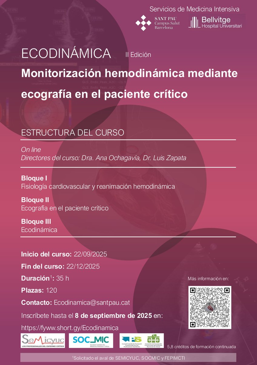 II Curso Eco-Dinamica de Monitorización hemodinámica mediante ecografía en el paciente crítico.
Actividad con aval de la FEPIMCTI y descuento para socios (350€) y socios MIR (300€) de las Sociedades pertenecientes a la Federación. 
Más info: bit.ly/4kii0C1
#ecografía