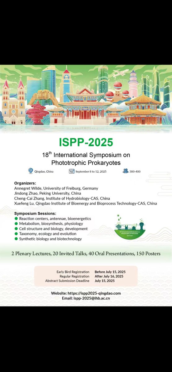 Green Carbon (@green_carbon_) on Twitter photo Join the 18th International Symposium on Phototrophic Prokaryotes supported by <a href="/Green_Carbon_/">Green Carbon</a> in Qingdao, China, September 8-12, 2025. Connect with global experts, share cutting-edge research on phototrophic prokaryotes, and explore future innovations. ispp2025-qingdao.com Join the 18th International Symposium on Phototrophic Prokaryotes supported by <a href="/Green_Carbon_/">Green Carbon</a> in Qingdao, China, September 8-12, 2025. Connect with global experts, share cutting-edge research on phototrophic prokaryotes, and explore future innovations. ispp2025-qingdao.com