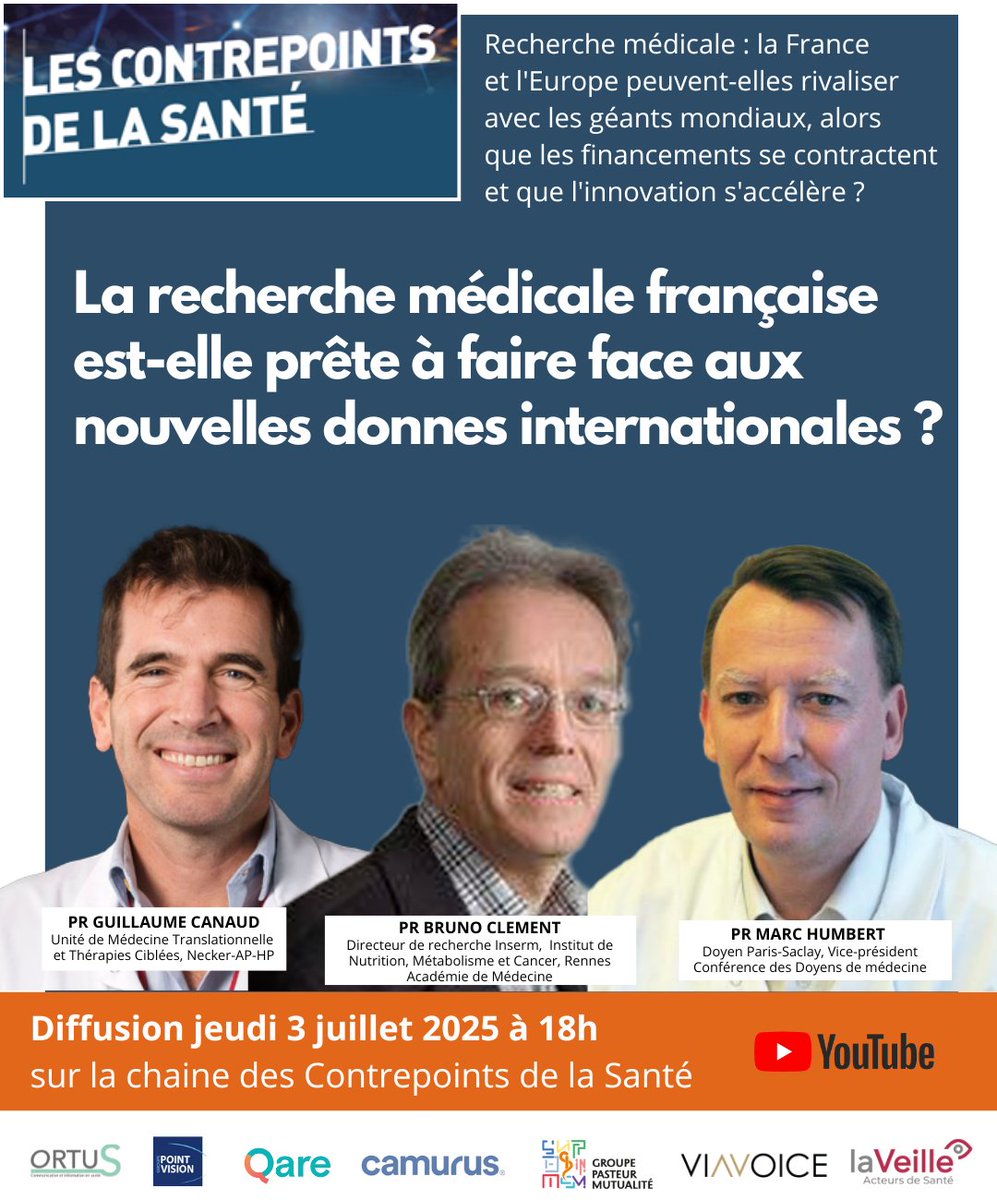 La Veille Acteurs de Santé (@veilleactsante) on Twitter photo Pour cette émission dédiée à la recherche en #santé, les #ContrepointsSanté reçoivent trois invités : les Prs Guillaume CANAUD, Bruno CLEMENT et Marc HUMBERT ! <a href="/APHP/">Assistance Publique – Hôpitaux de Paris (AP-HP)</a> <a href="/Inserm/">Inserm</a> <a href="/acadmed/">Académie de médecine de France</a> <a href="/ConfDoyensMed/">Conférence nationale des Doyens de médecine</a> <a href="/ParisSaclay/">ParisSaclay</a> Un sondage <a href="/Viavoice_Paris/">Viavoice</a> complète les échanges.
A ce soir 18h ! Pour cette émission dédiée à la recherche en #santé, les #ContrepointsSanté reçoivent trois invités : les Prs Guillaume CANAUD, Bruno CLEMENT et Marc HUMBERT ! <a href="/APHP/">Assistance Publique – Hôpitaux de Paris (AP-HP)</a> <a href="/Inserm/">Inserm</a> <a href="/acadmed/">Académie de médecine de France</a> <a href="/ConfDoyensMed/">Conférence nationale des Doyens de médecine</a> <a href="/ParisSaclay/">ParisSaclay</a> Un sondage <a href="/Viavoice_Paris/">Viavoice</a> complète les échanges.
A ce soir 18h !