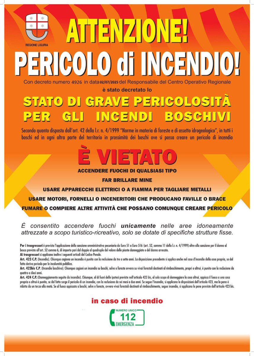 Comune di Genova – Protezione Civile informa: 

🔔EMANAZIONE STATO DI GRAVE PERICOLOSITÀ PER GLI INCENDI BOSCHIVI dichiarato con D.D. di Regione Liguria n. 4926 del 02/07 sul territorio regionale a partire dalle ore 00:01 di sabato 05/07 e fino alla cessazione dello stesso.