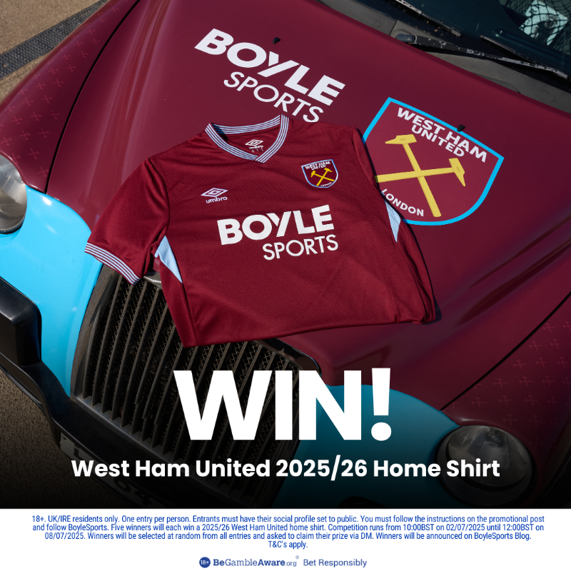 BoyleSports's tweet photo. The new West Ham United home kit has landed 👀

To celebrate our partnership with @WestHam, we’re giving one away 👇

To enter:
✅ Follow us
❤️ Like
🔁 Repost

🔞 Click below for full terms &amp; conditions