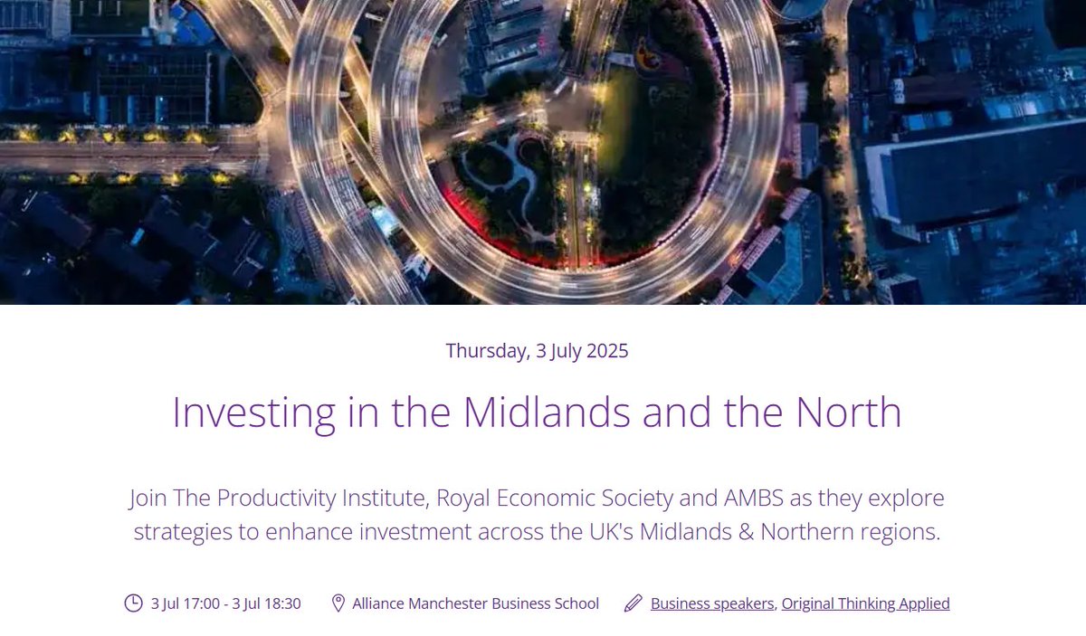 🚨 A few spots left for #RESmembers near Manchester! Join our event📍Investing in the Midlands &amp; the North

🗓 3 July TODAY | 🕘 17:00–18:30
📌 AMBS, Manchester
Speakers incl. Prof McCann, Dr Ahrend, Zoe Billingham &amp; more.
🔗 Register now: shorturl.at/pcCHR

#EconTwitter