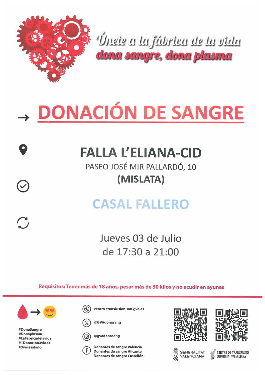 Dona sang a #Mislata
📆dijous #3Juliol
La sang és un recurs imprescindible que s'utilitza cada dia als hospitals. 👉Et necessitem també este estiu.

#DonaSangre #DonaPlasma
Uneix-te a #LaFábricaDeLaVida❤